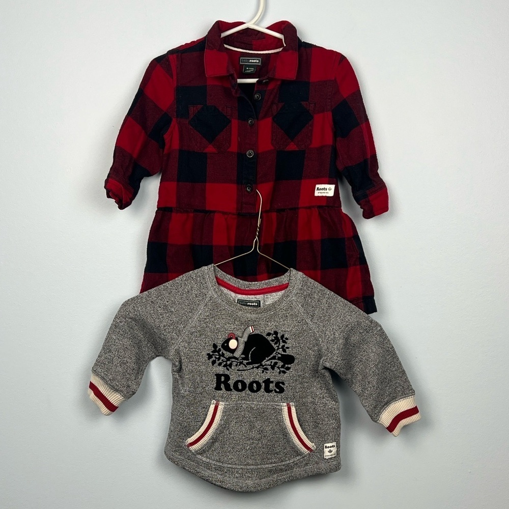 Roots girls buffalo Plaid dress and Red and Gray sweatshirt 6-12 months